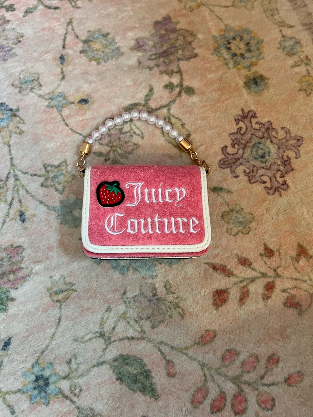 Juicy Couture Pink Velvet Mini Wallet with Pearl Wristlet